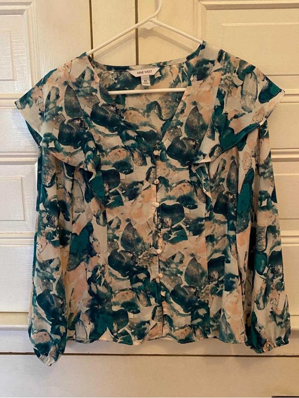 Nine West Teal and Cream Abstract Ruffle-Trim Blouse